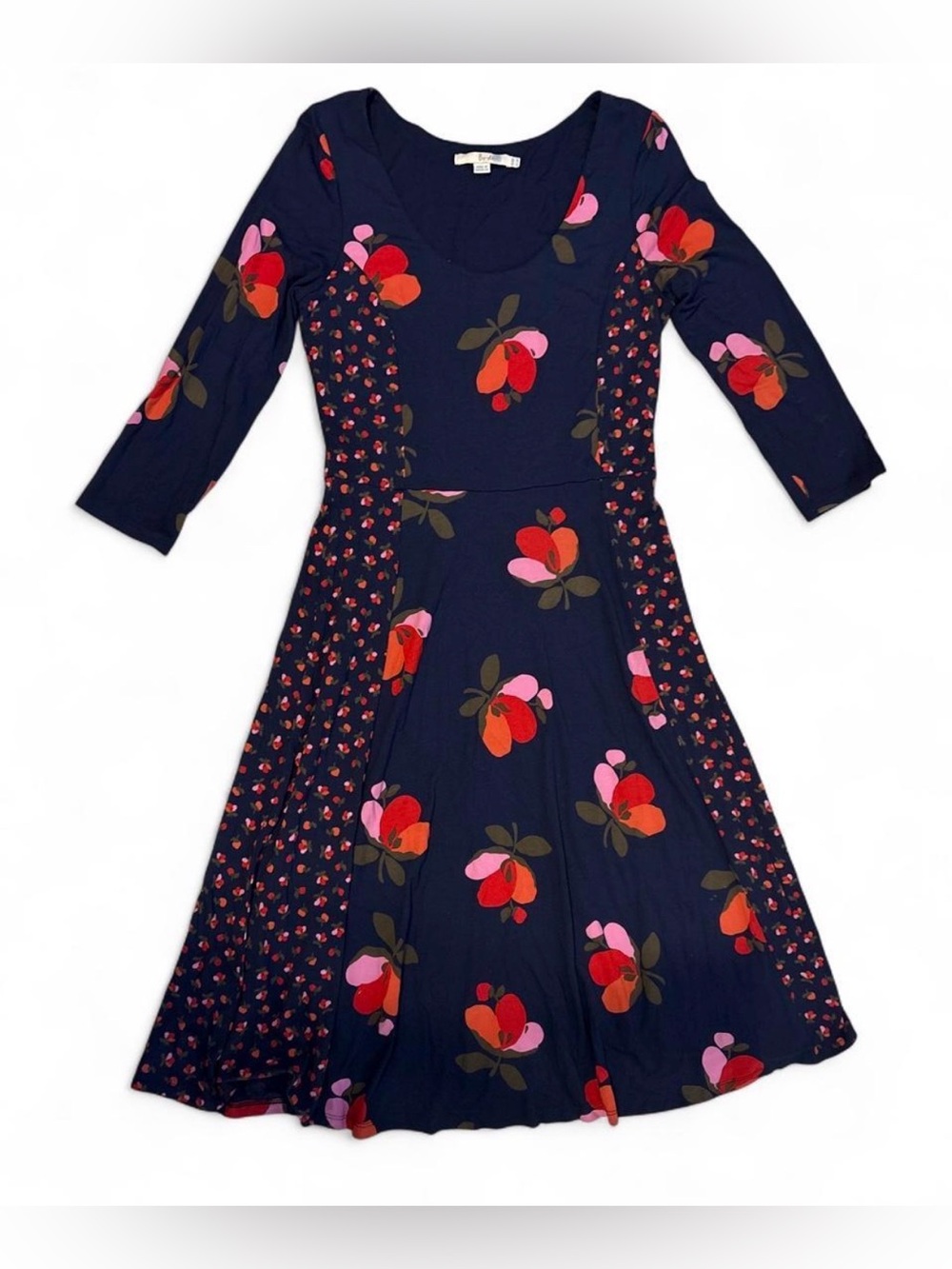 Boden Navy Floral Fit-and-Flare Dress with Red and Pink Blooms